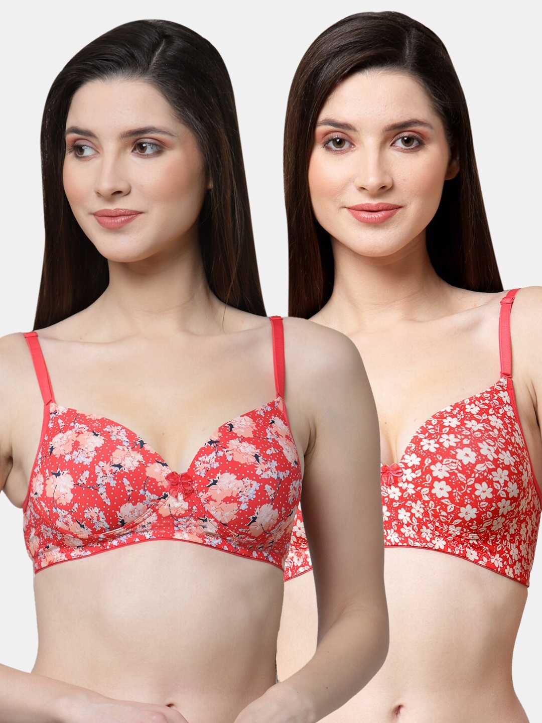 

Floret Red & White Pack Of 2 Floral Printed Lightly Padded Push-Up Bra