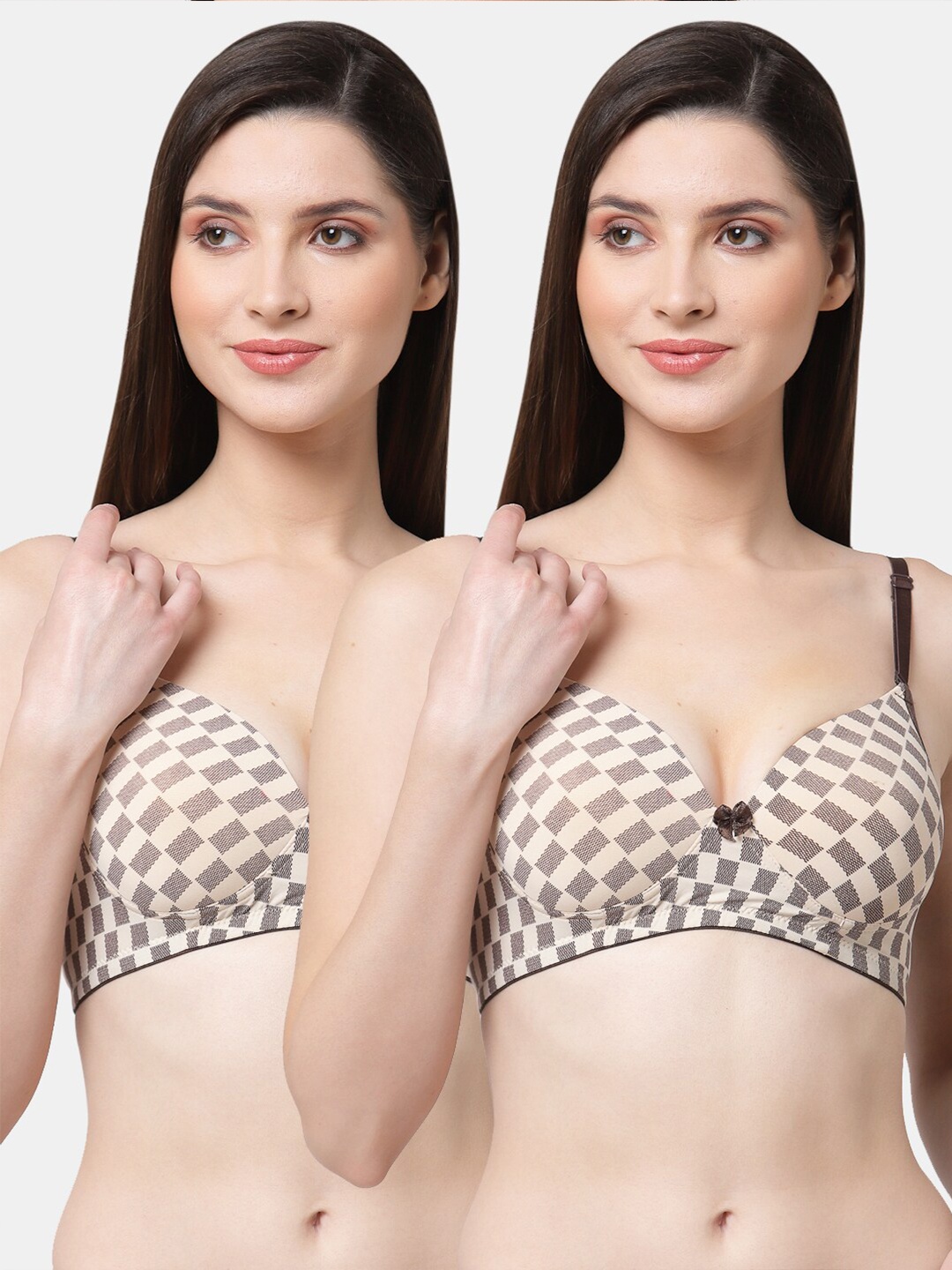 

Floret Pack of 2 Cream-Coloured & Brown Geometric Printed Push-Up Bras - Lightly Padded