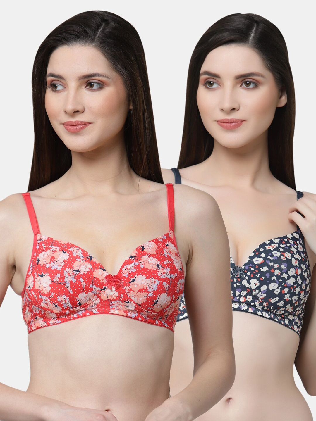 

Floret Set Of 2 Red & Navy Blue Floral Non Wired & Lightly Padded Bra