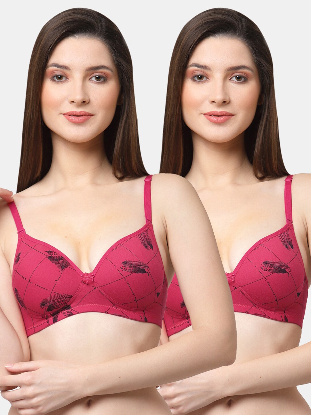 Floret Pack Of 2 Red & Black Floral Bra Lightly Padded