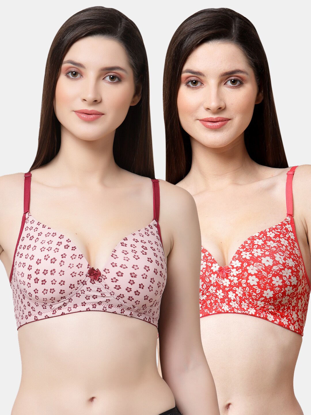 

Floret Peach & Red Pack Of 2 Floral Printed Lightly Padded Push-Up Bra