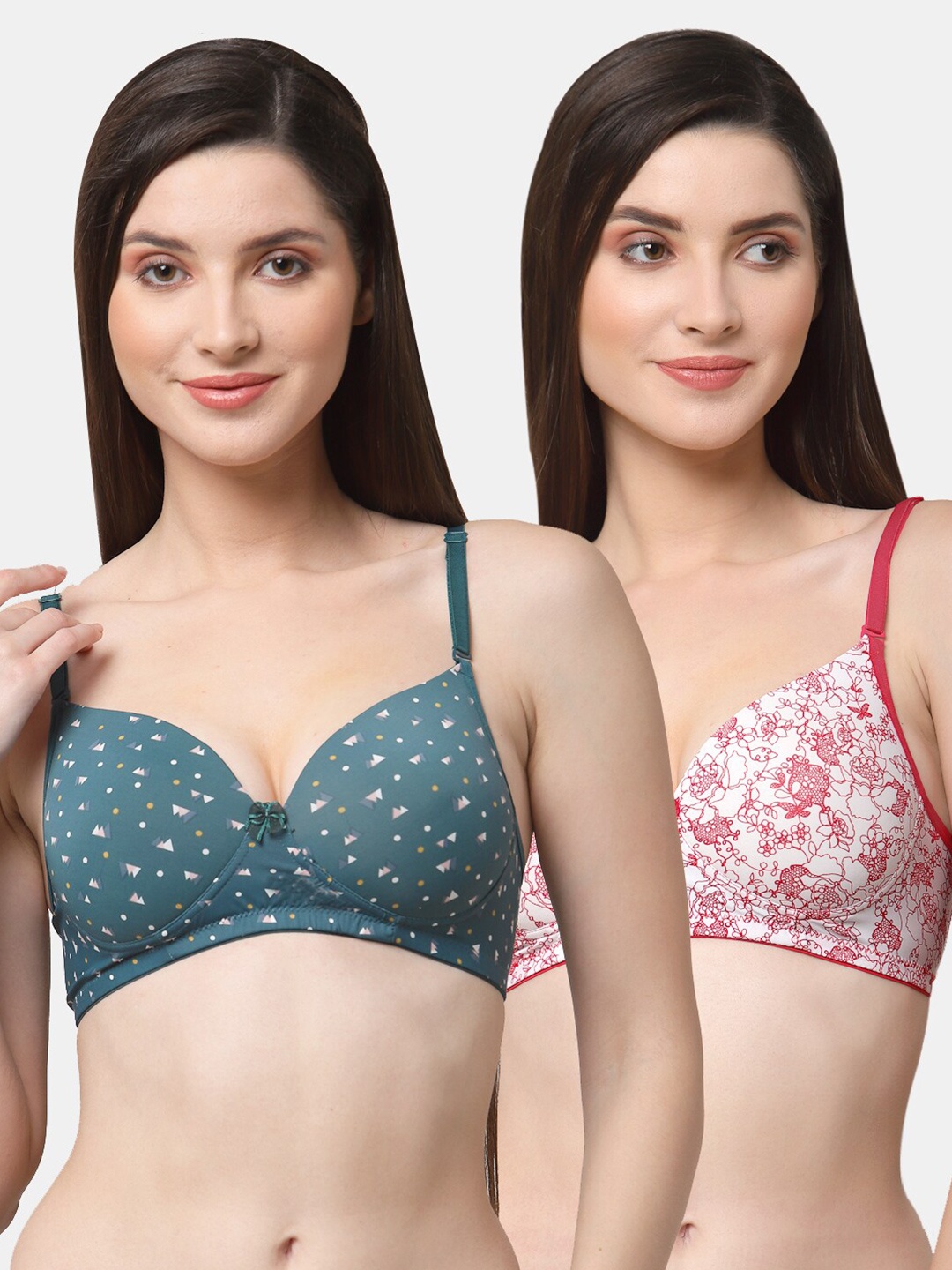 

Floret Pack of 2 Teal & White Floral Bra Lightly Padded