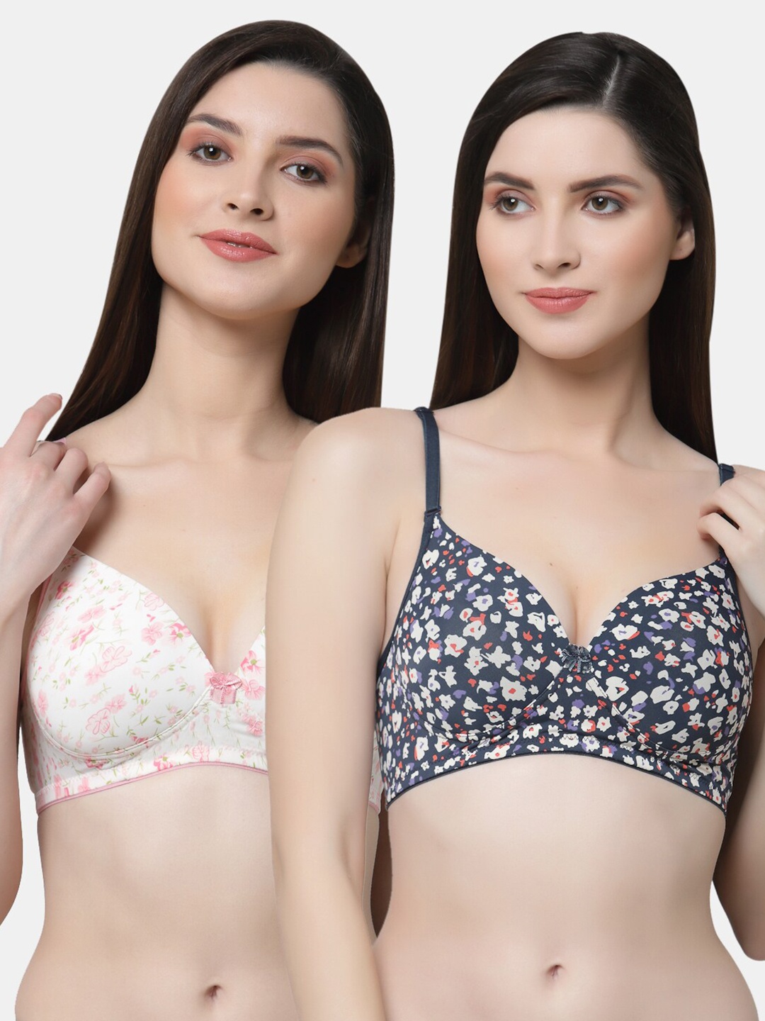 

Floret Rose & Navy Blue Pack of 2 Floral Printed Lightly Padded Non-Wired Push-Up Bra