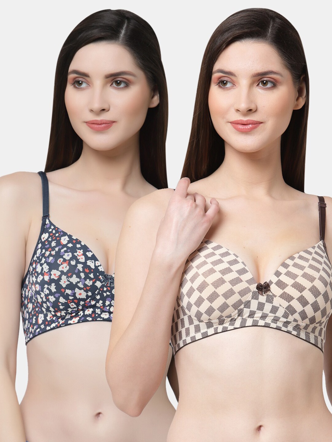 

Floret Pack Of 2 Cream-Coloured & Navy Blue Printed Lightly Padded Push-Up Bra