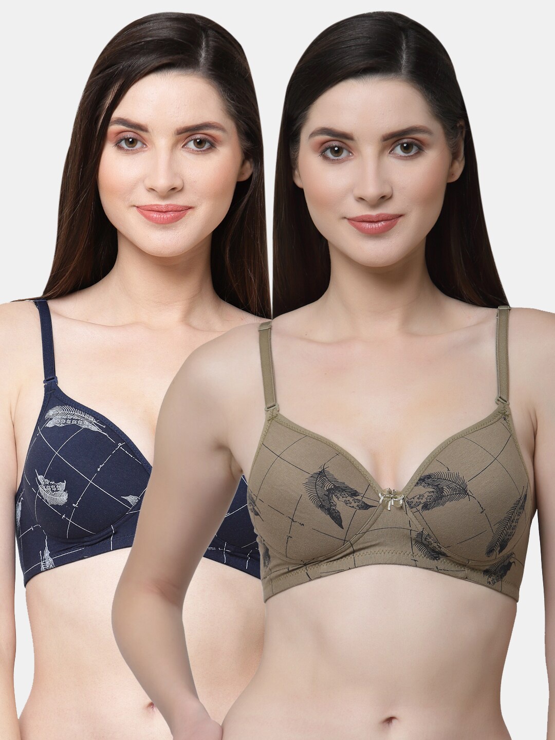 Floret Navy Blue & Beige Pack Of 2 Floral Printed Lightly Padded Push-Up Bra