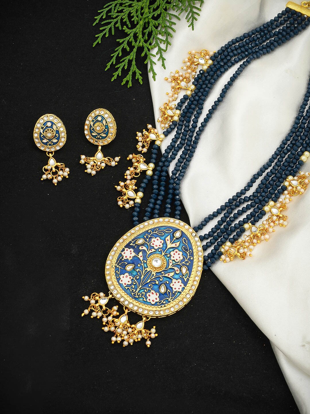 

Silvermerc Designs Gold-Plated Blue & White Stone-Studded & Beaded Jewellery Set