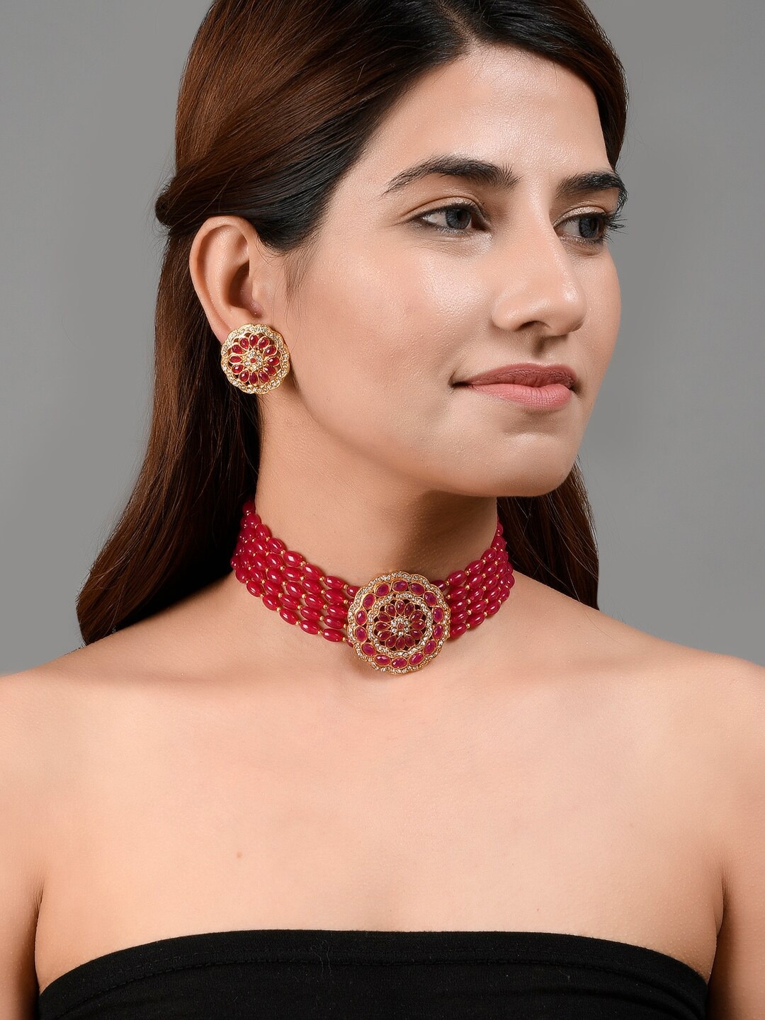 

Silvermerc Designs Gold-Plated Gold-Toned & Red Kundan-Studded Jewellery Set
