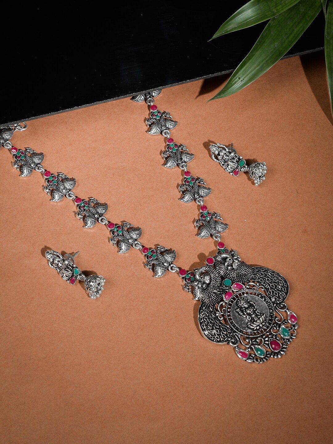 

Silvermerc Designs Silver-Plated & Stone-Studded Oxidised Jewellery Set
