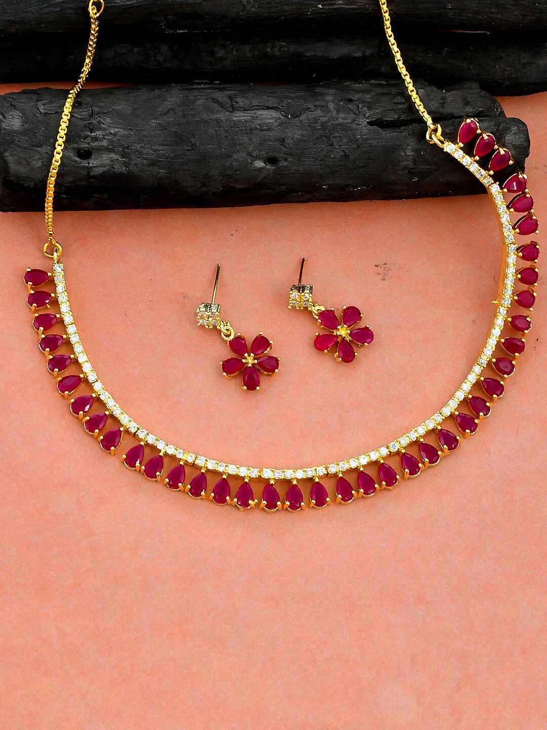 

Silvermerc Designs Women Gold-Plated & Red AD Stone Studded & Beaded Necklace Set