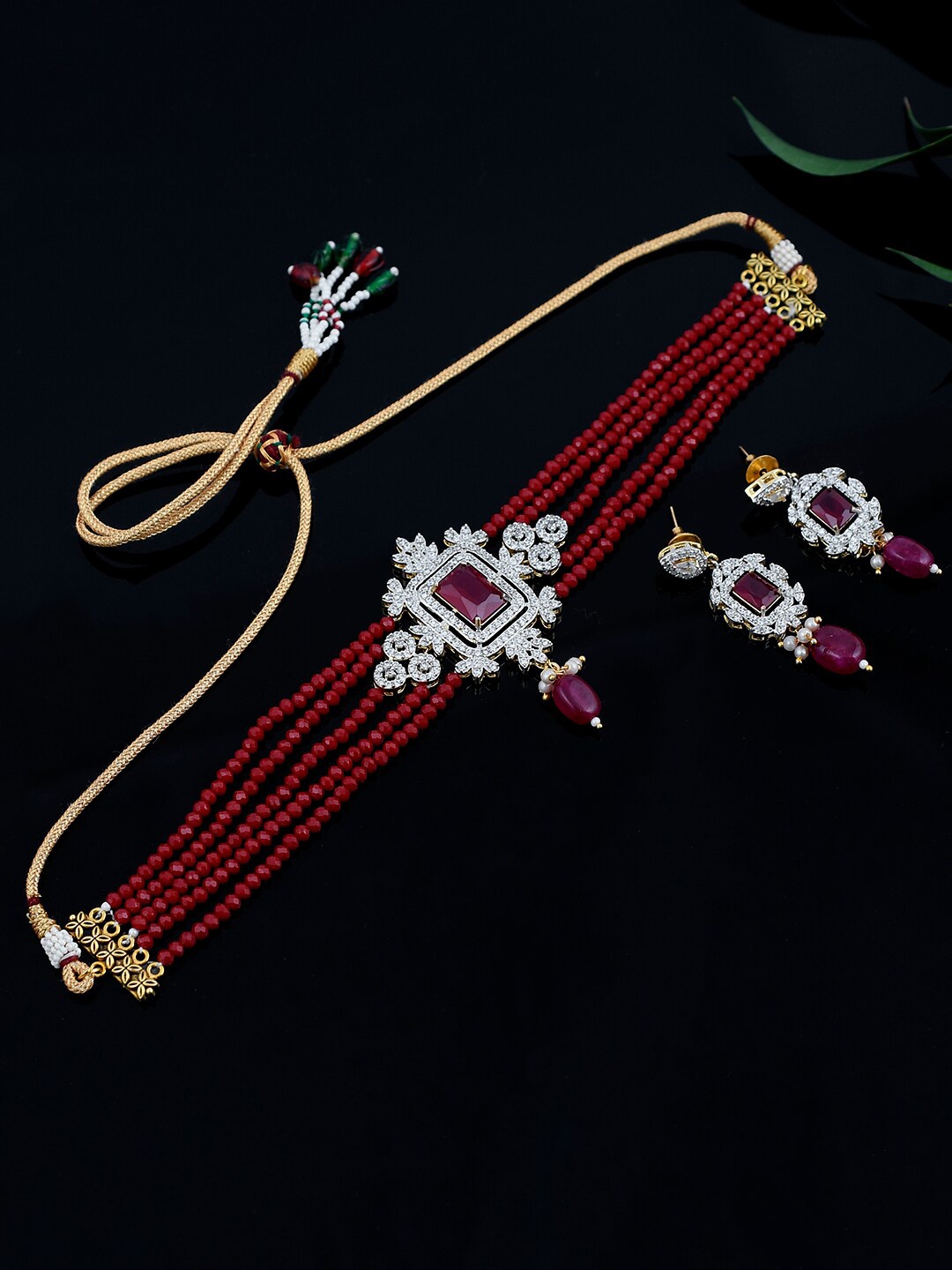 

Silvermerc Design Red AD stone Studded Gold Plated Choker Jewellery Set