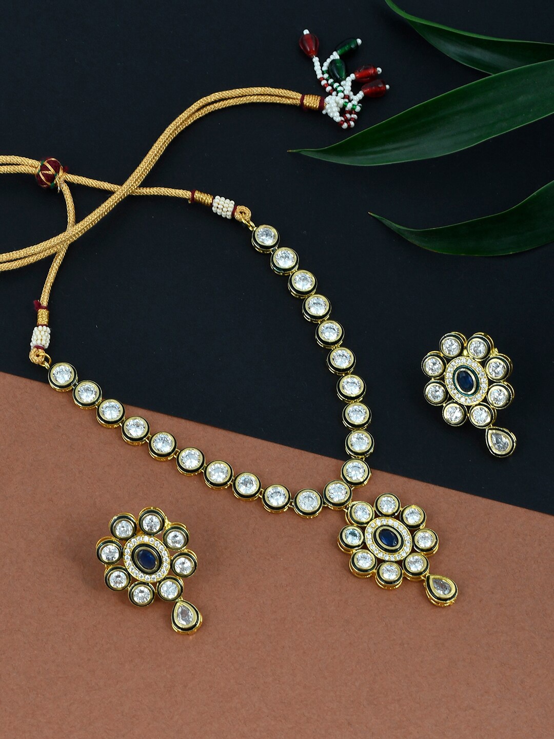 

Silvermerc Designs Gold-Plated & Green AD Stone-Studded Handcrafted Jewellery Set