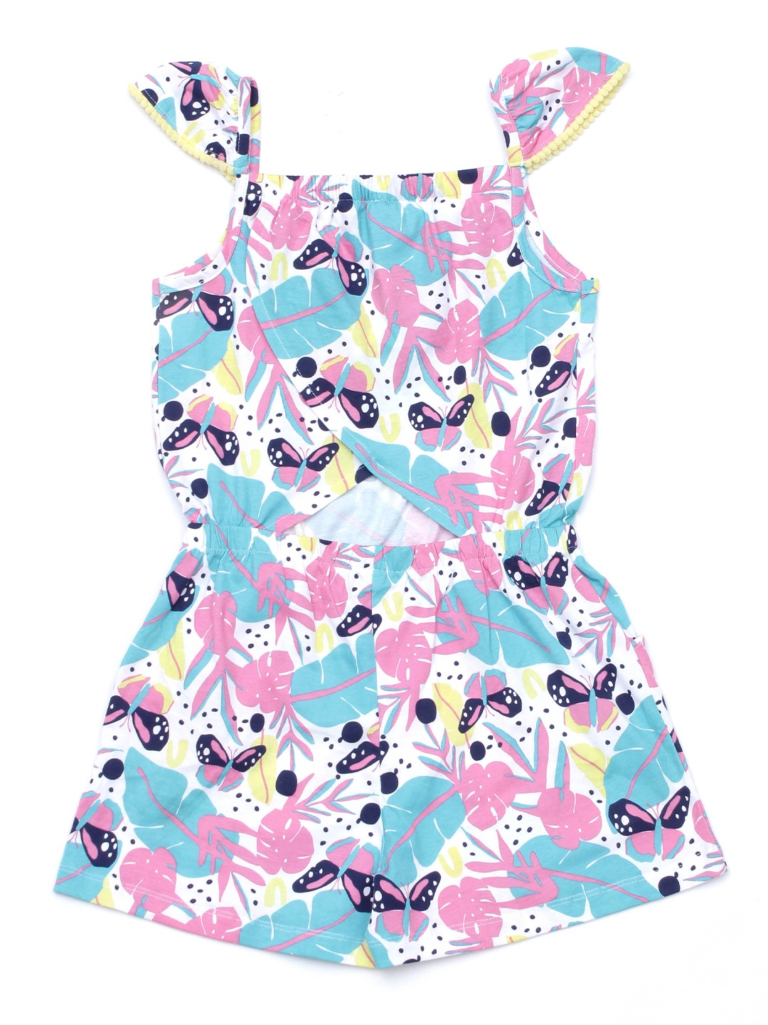 Lil Lollipop Girls White & Blue Floral Printed Pure Cotton Playsuit
