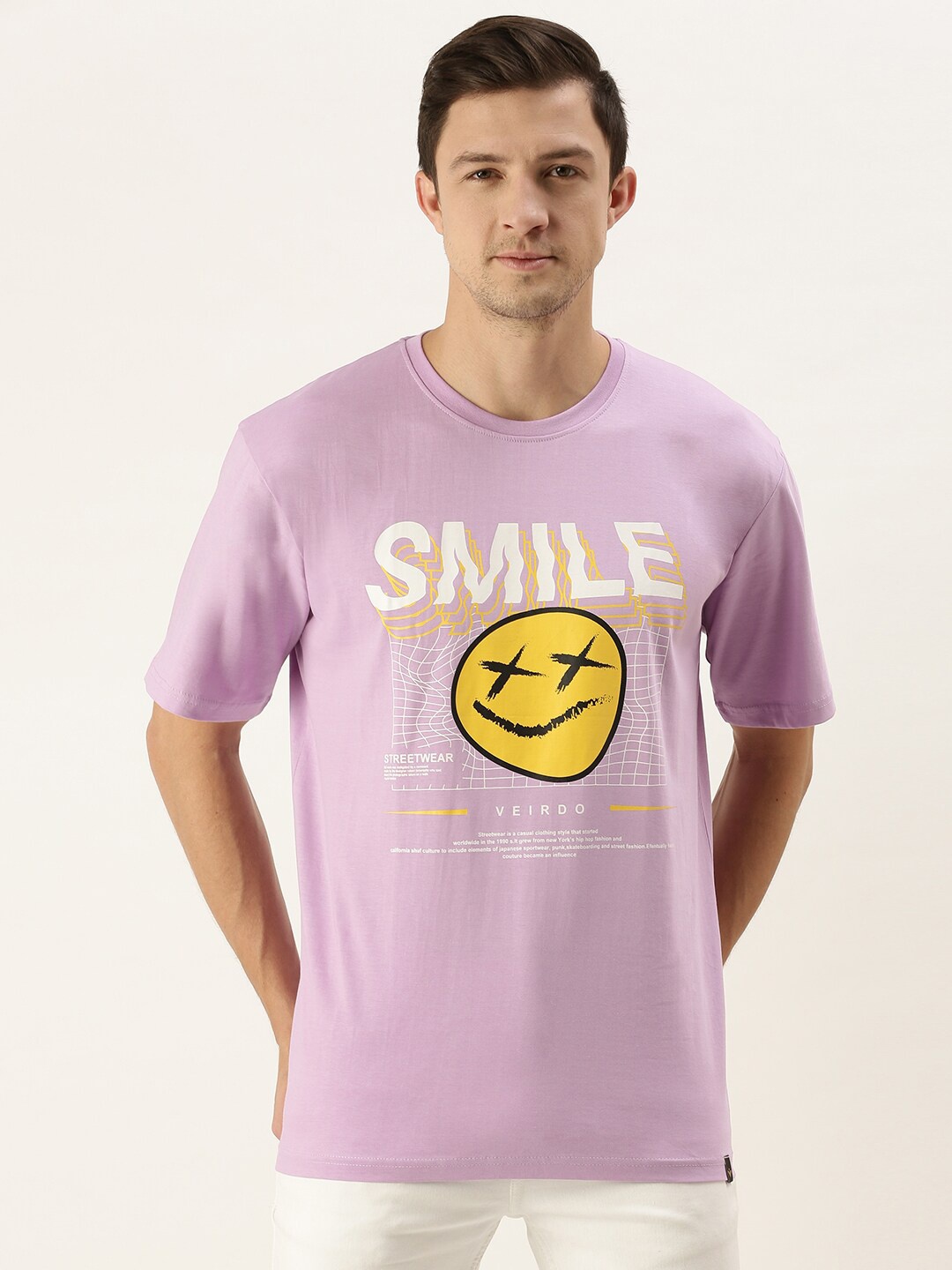

VEIRDO Men Purple Printed Loose Cotton T-shirt