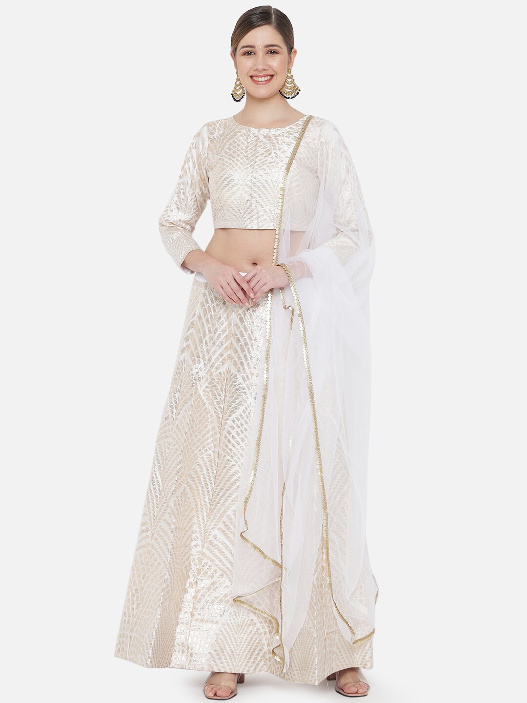 

DIVASTRI Women White & Gold-Toned Woven Design Semi-Stitched Lehenga & Blouse with Dupatta