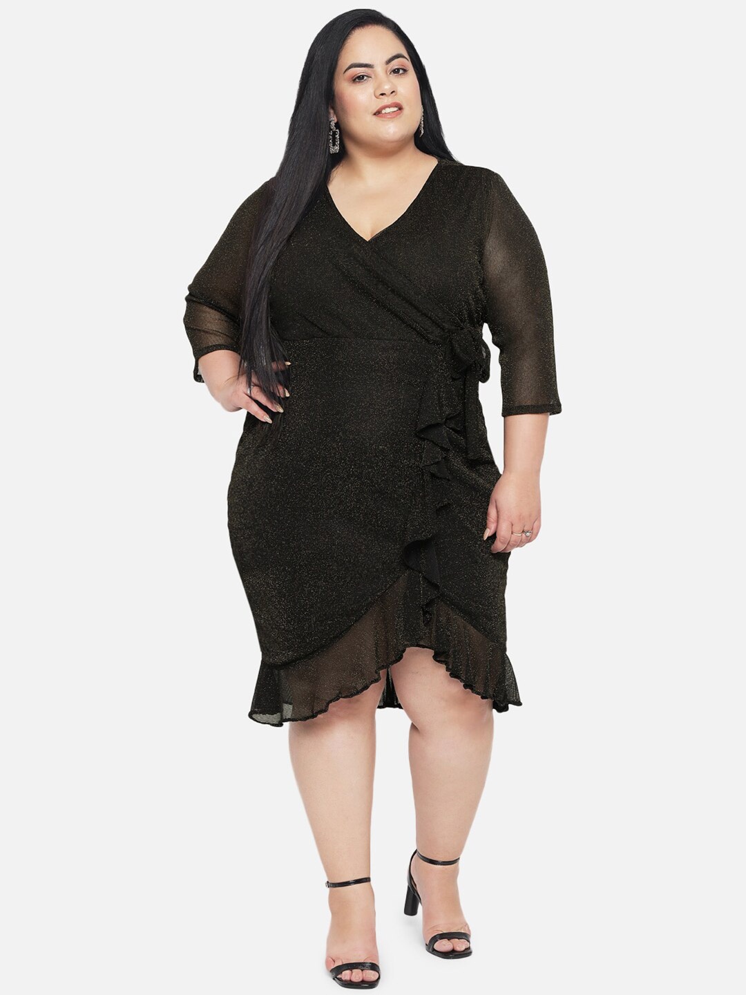 

wild U Plus Size Black Glitter Net Wrap Dress