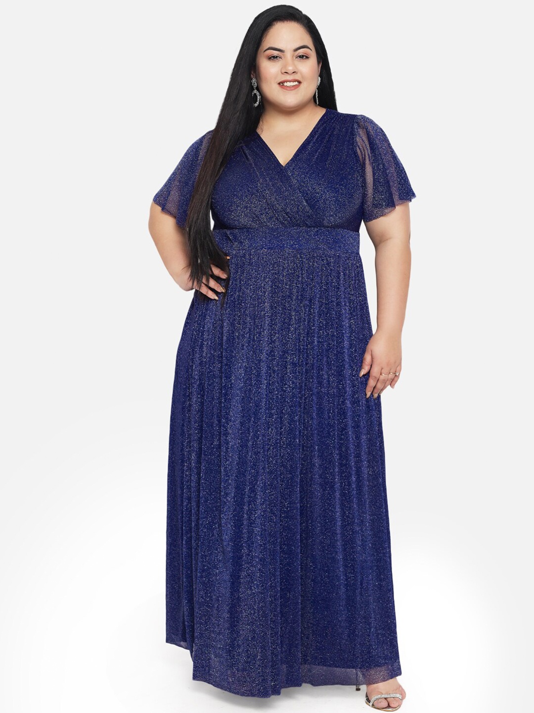 

wild U Women Plus Size Navy Blue Glitter Net Maxi Dress