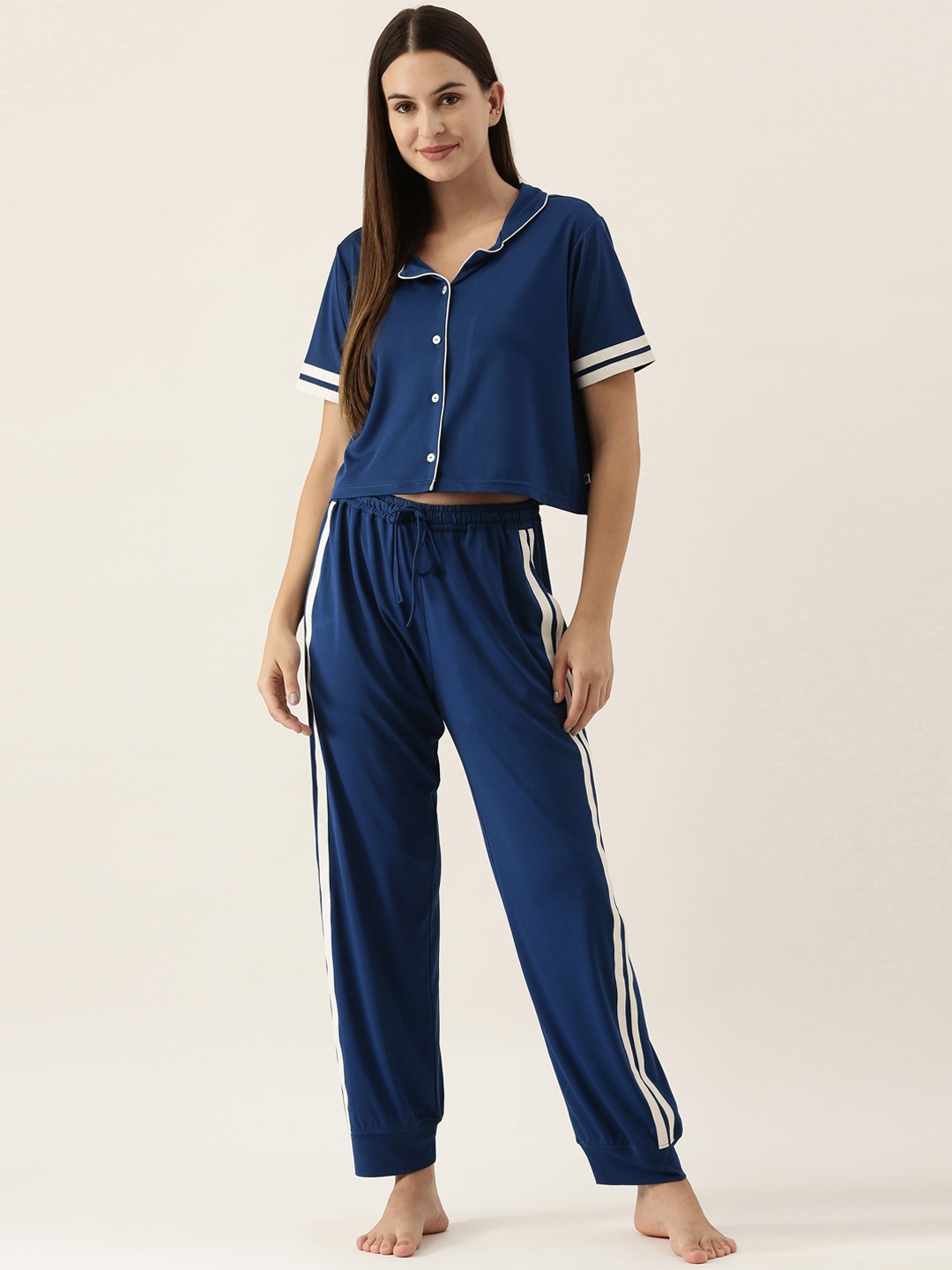 

Bannos Swagger Women Blue & White Striped Night suit