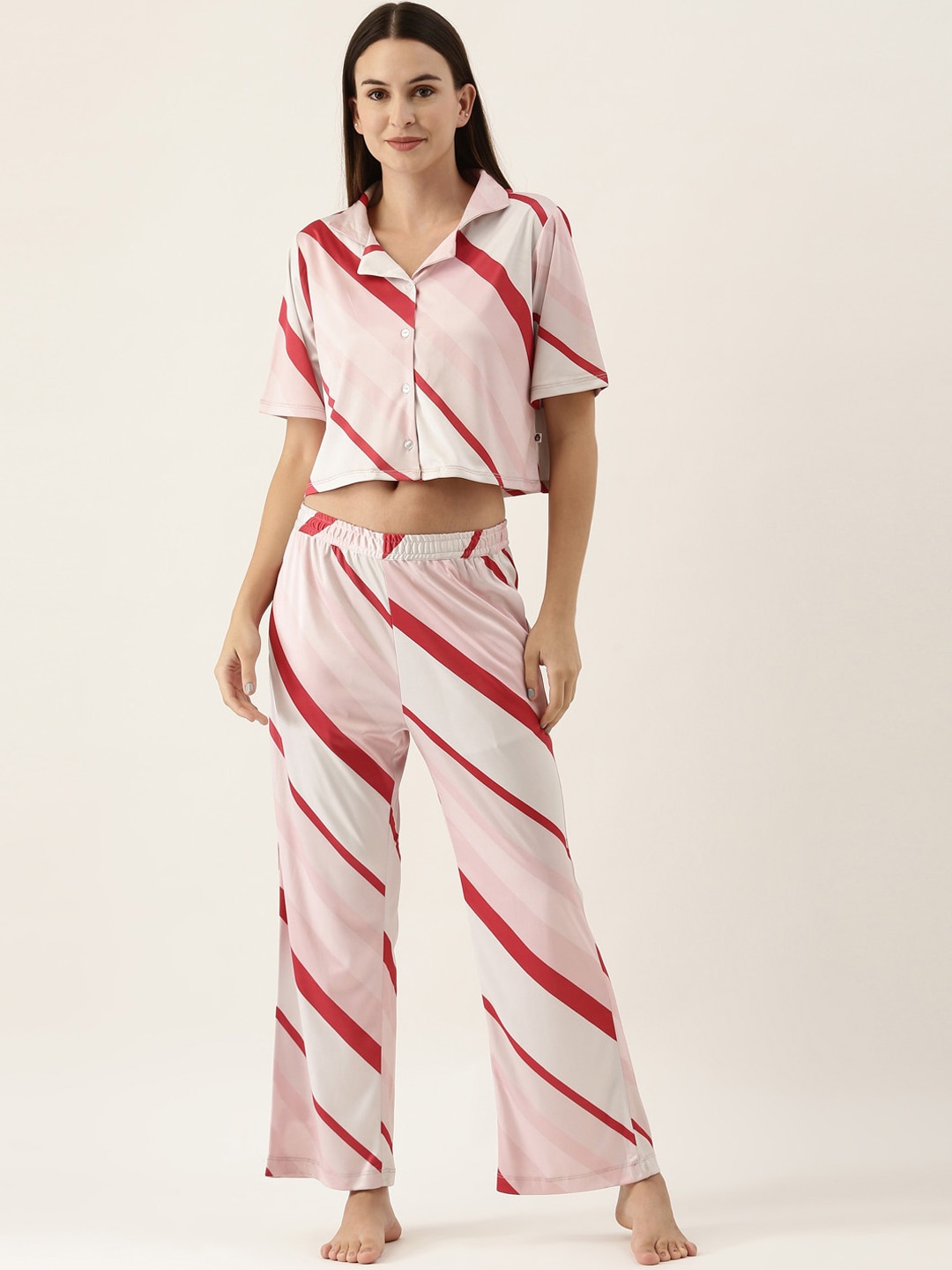 

Bannos Swagger Women White & Maroon Striped Night suit