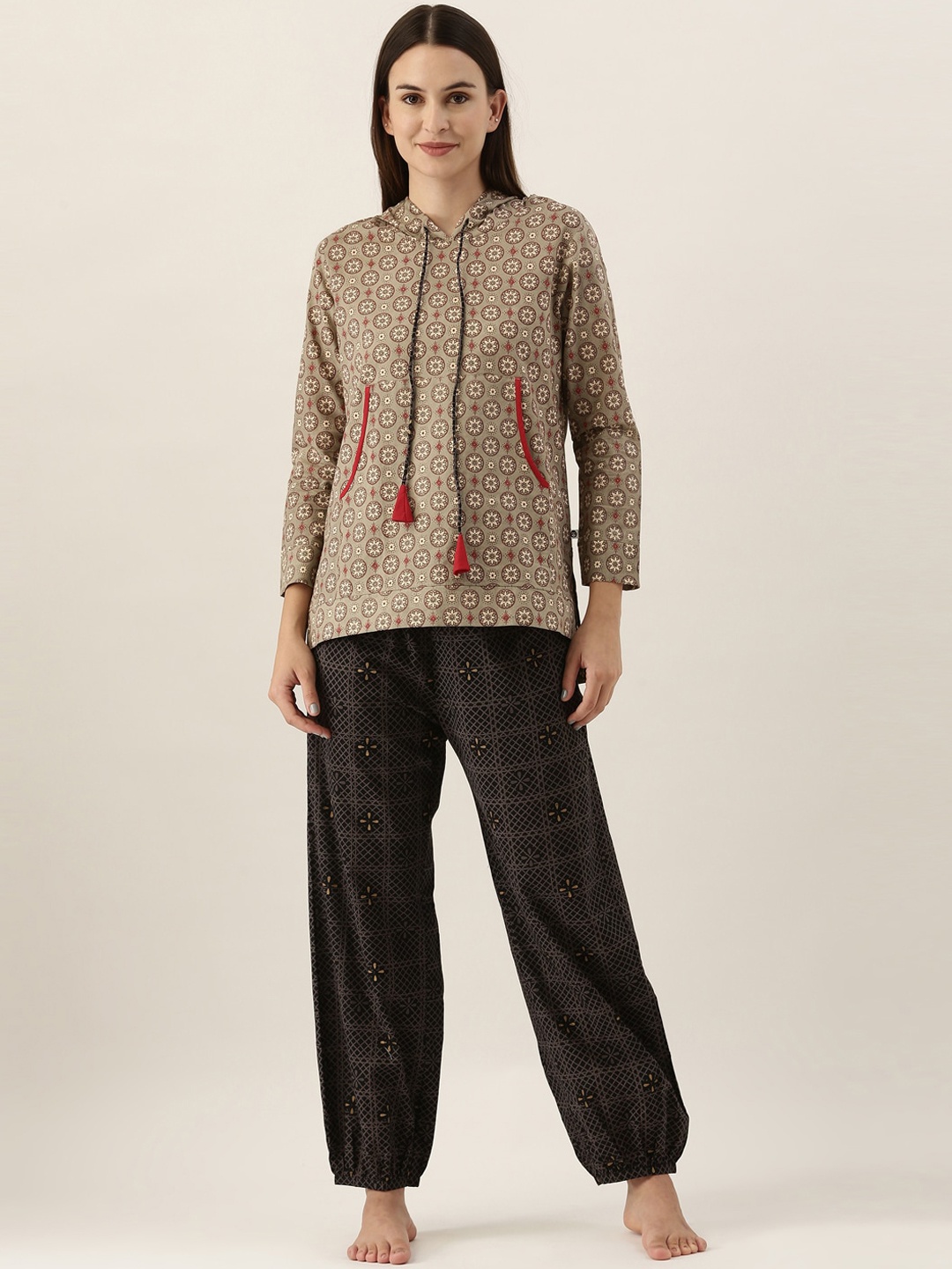 Bannos Swagger Women Black & Brown Printed Hooded Pure Cotton Night Suit