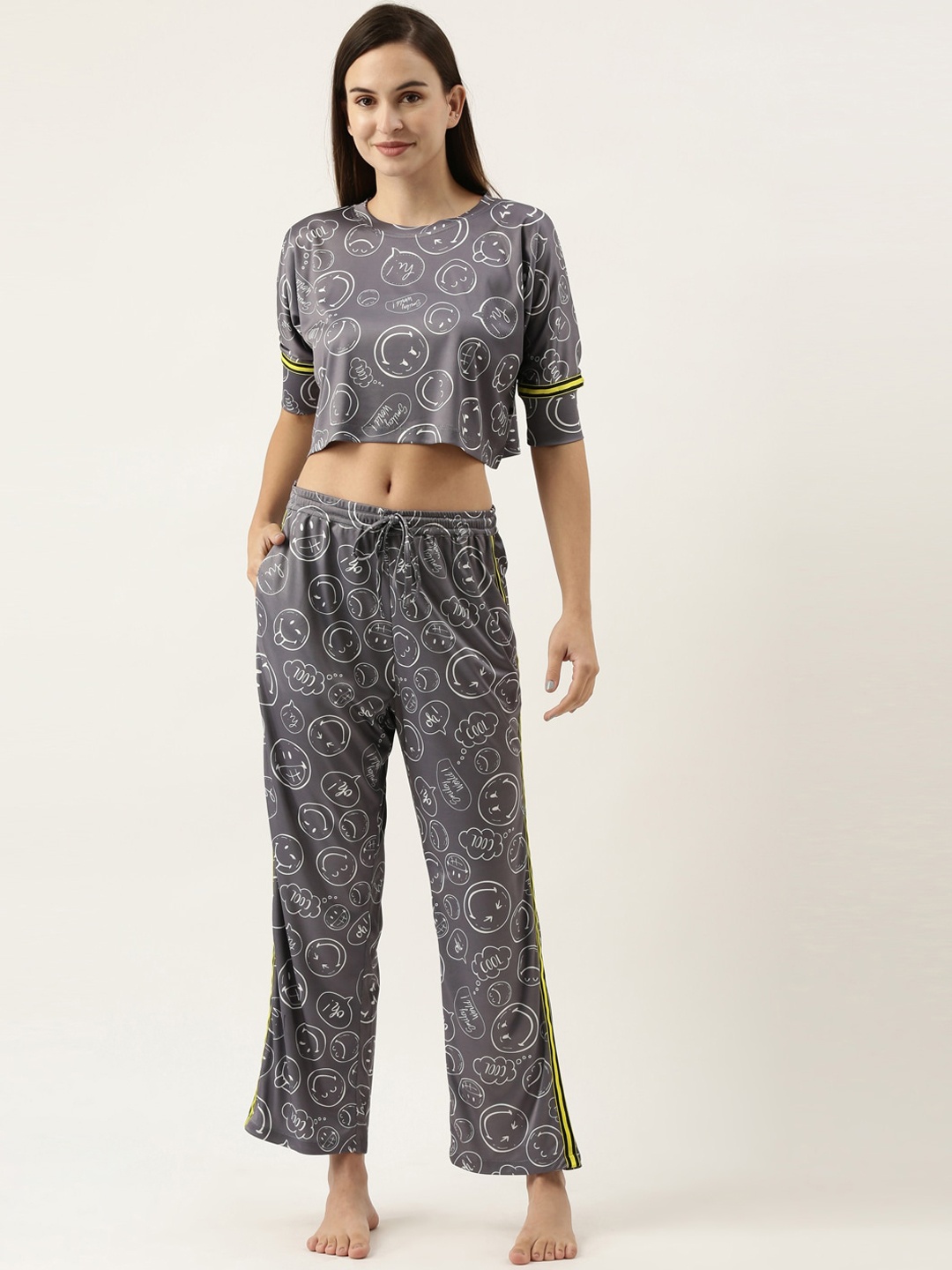 

Bannos Swagger Women Grey & White Printed Night suit