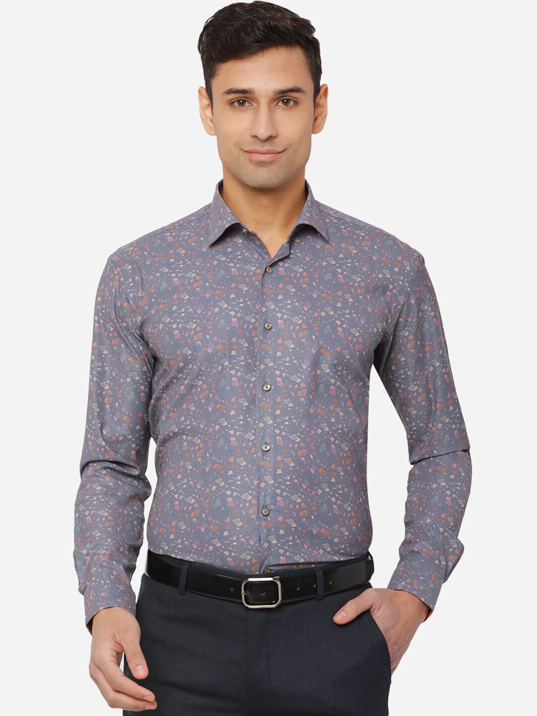 

JB STUDIO Men Grey Slim Fit Floral Printed Pure Cotton Formal Shirt