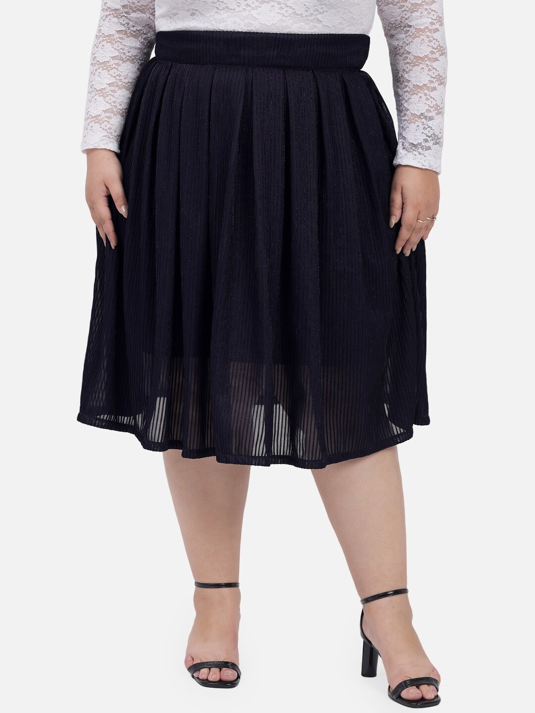 

wild U Women Navy Blue Plus Size Shimmer Pleated Shimmer Skirt
