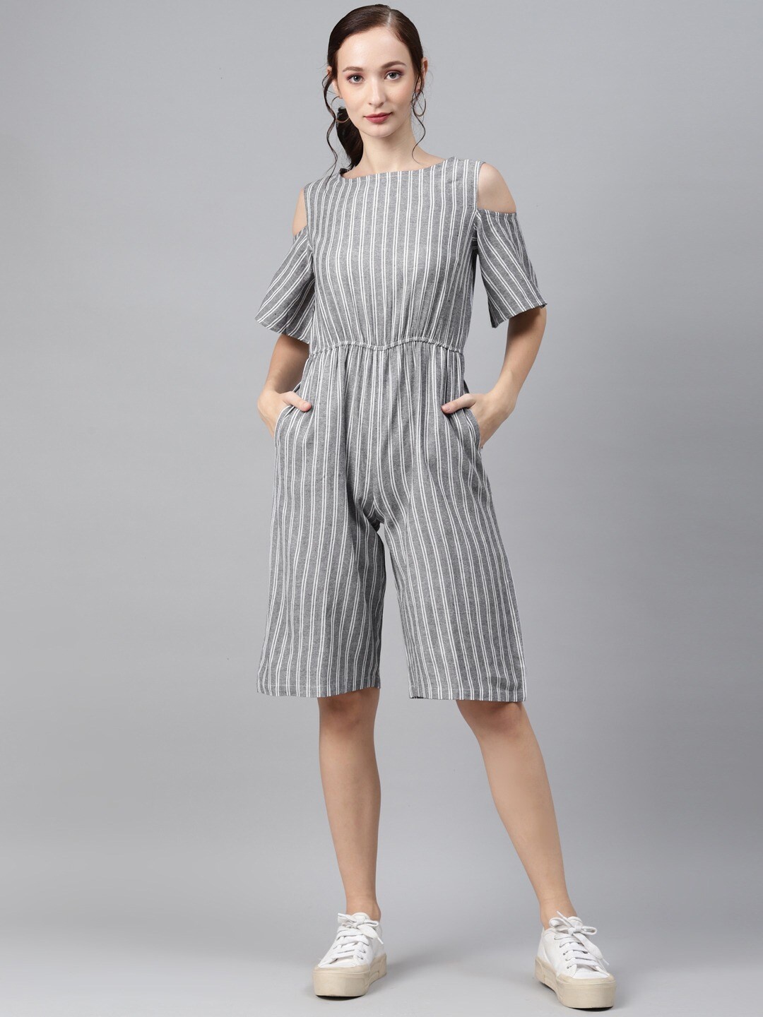 Cottinfab Grey & White Striped Capri Jumpsuit