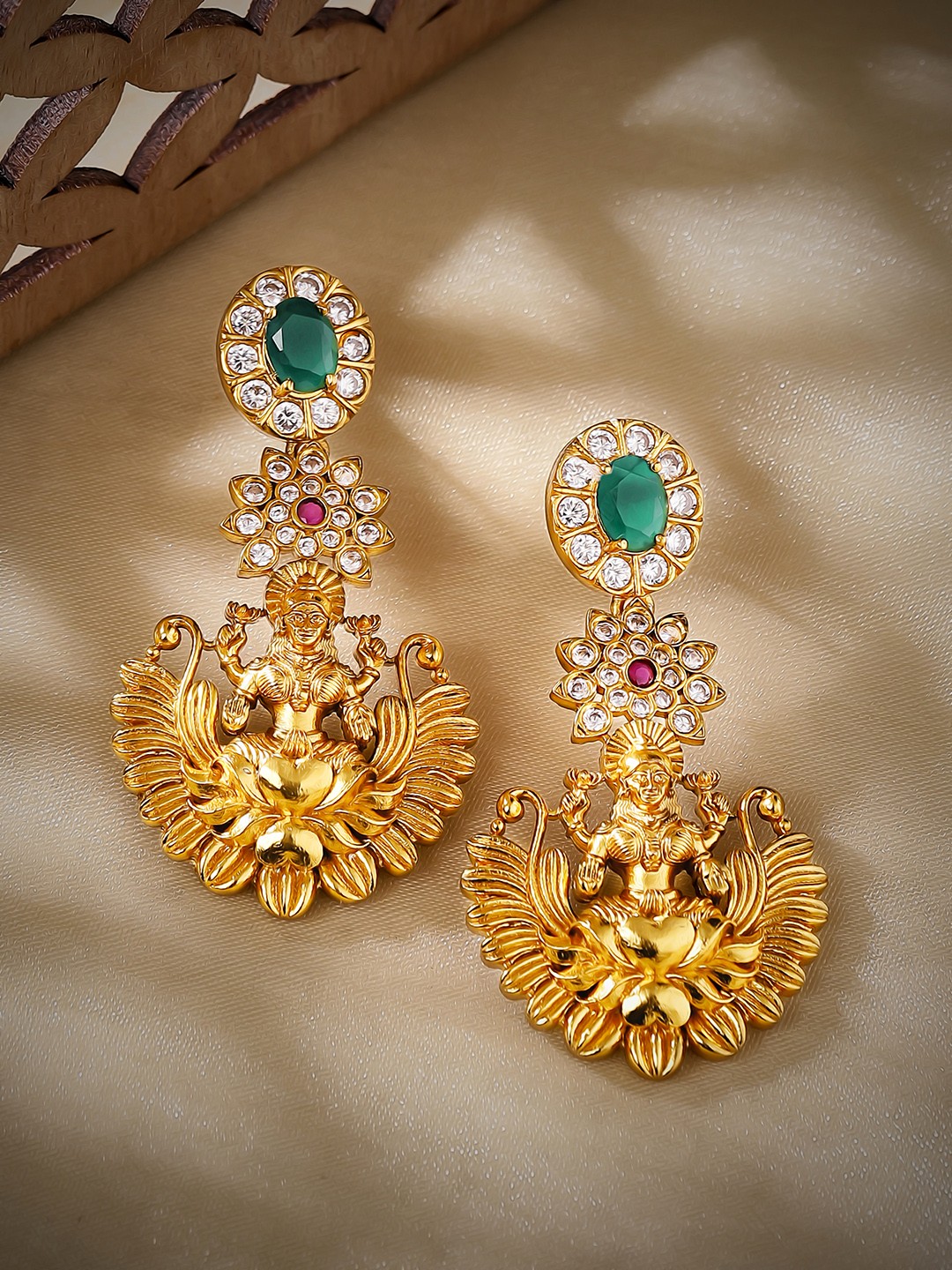 

Rubans 24K Gold-Plated Green & White Divine Lakshmi Temple Drop Earrings