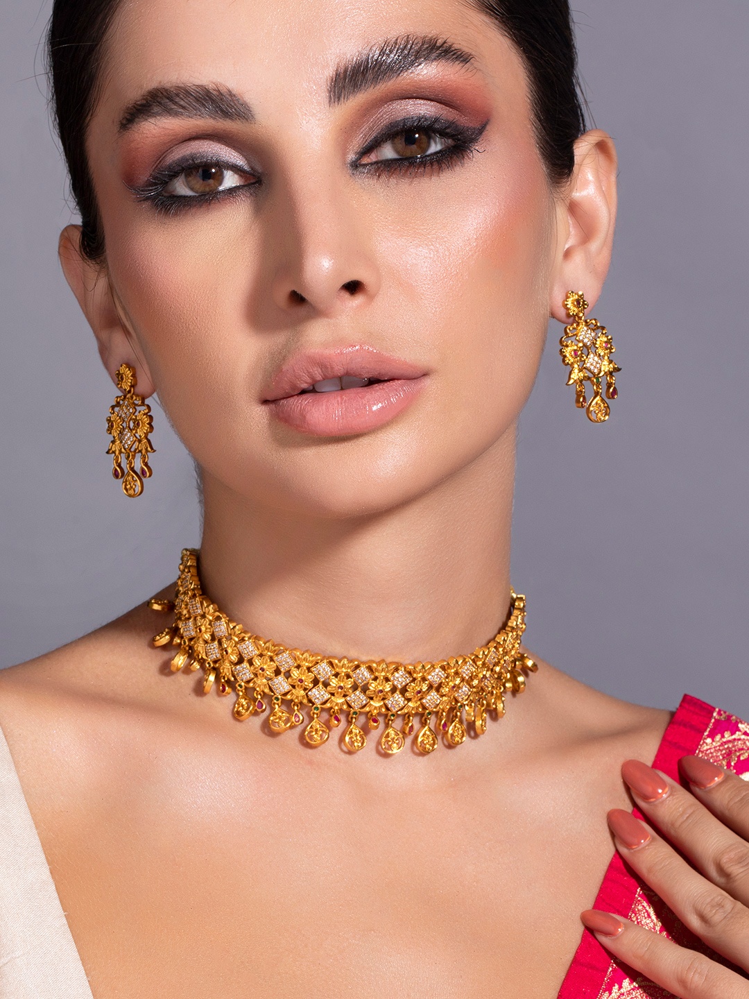 

Rubans Gold-Plated White & Green Stone-Studded Jewellery Set