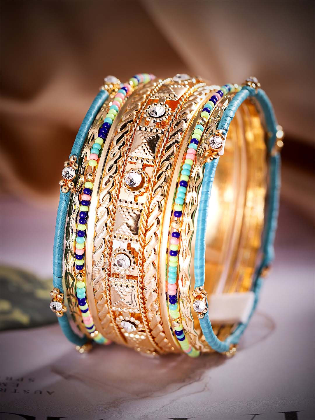 

Rubans Set Of 12 24K Gold-Plated & Blue Stones-Studded & Beaded Bangles