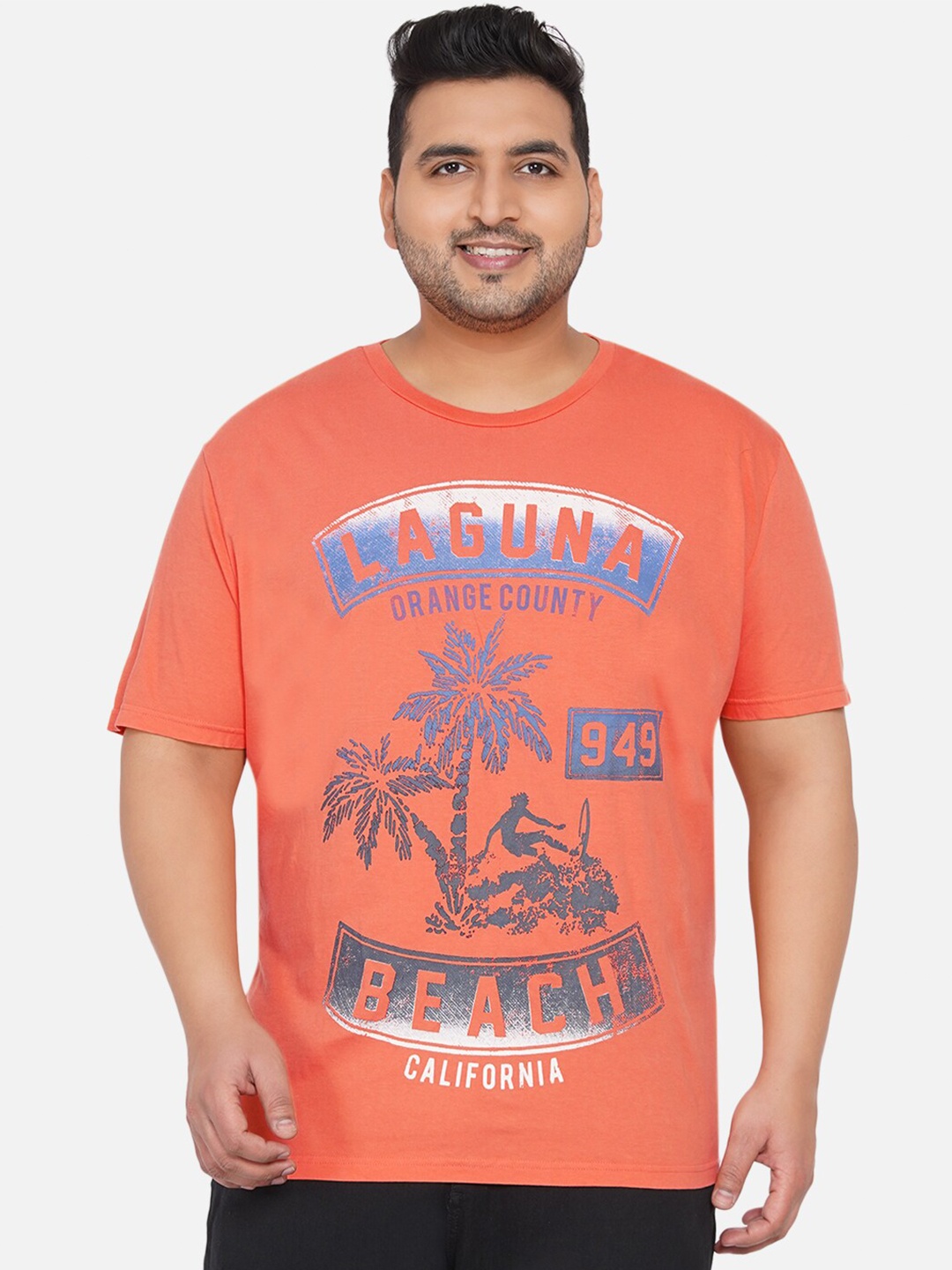 

Santonio Men Orange & Grey Typography Printed Pure Cotton T-shirt
