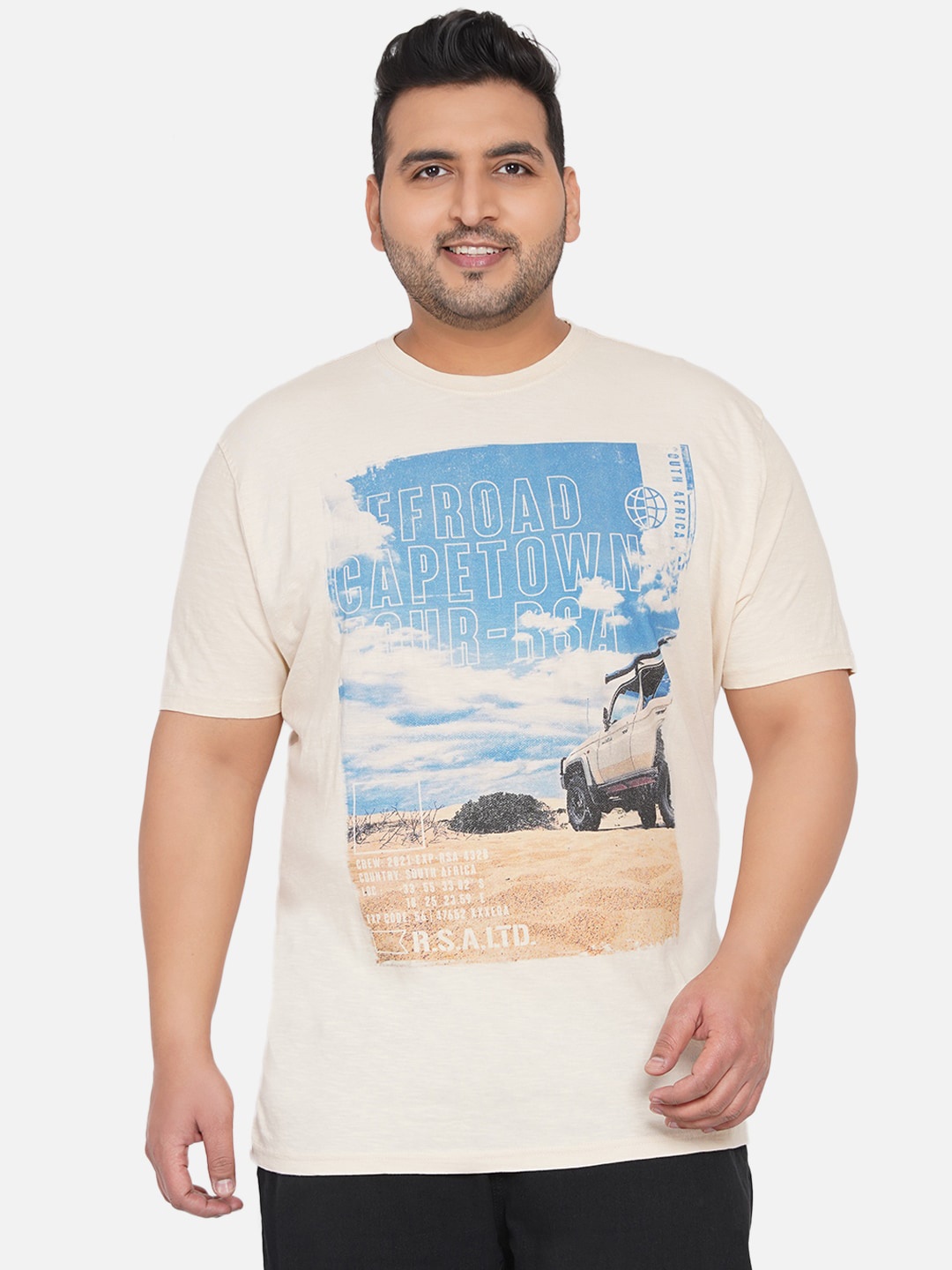

Santonio Men Plus Size Beige & Blue Printed Pure Cotton T-shirt