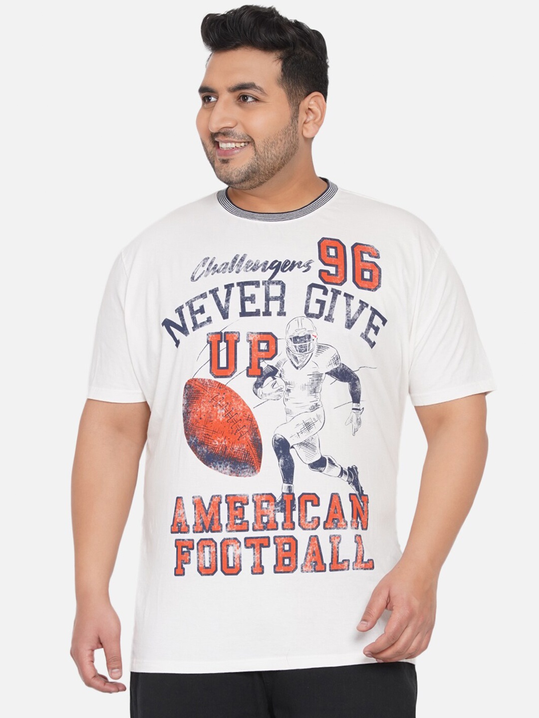 

Santonio Men White & Navy Blue Typography Printed Pure Cotton T-shirt