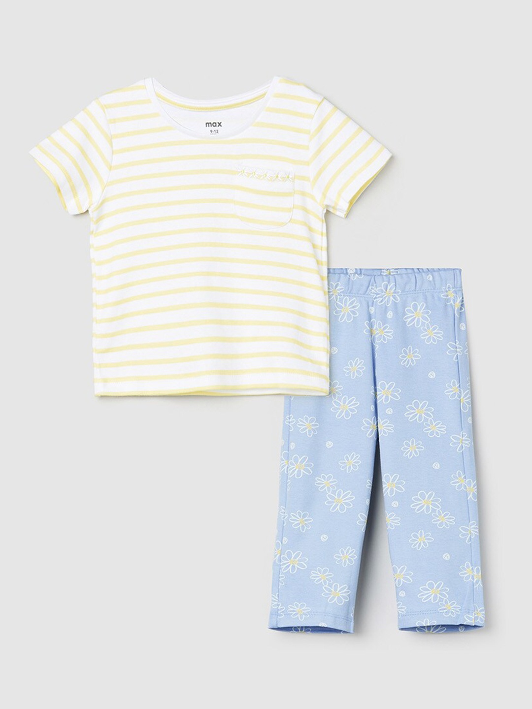 

max Girls Off White & Blue Striped Pure Cotton T-shirt with Pyjamas