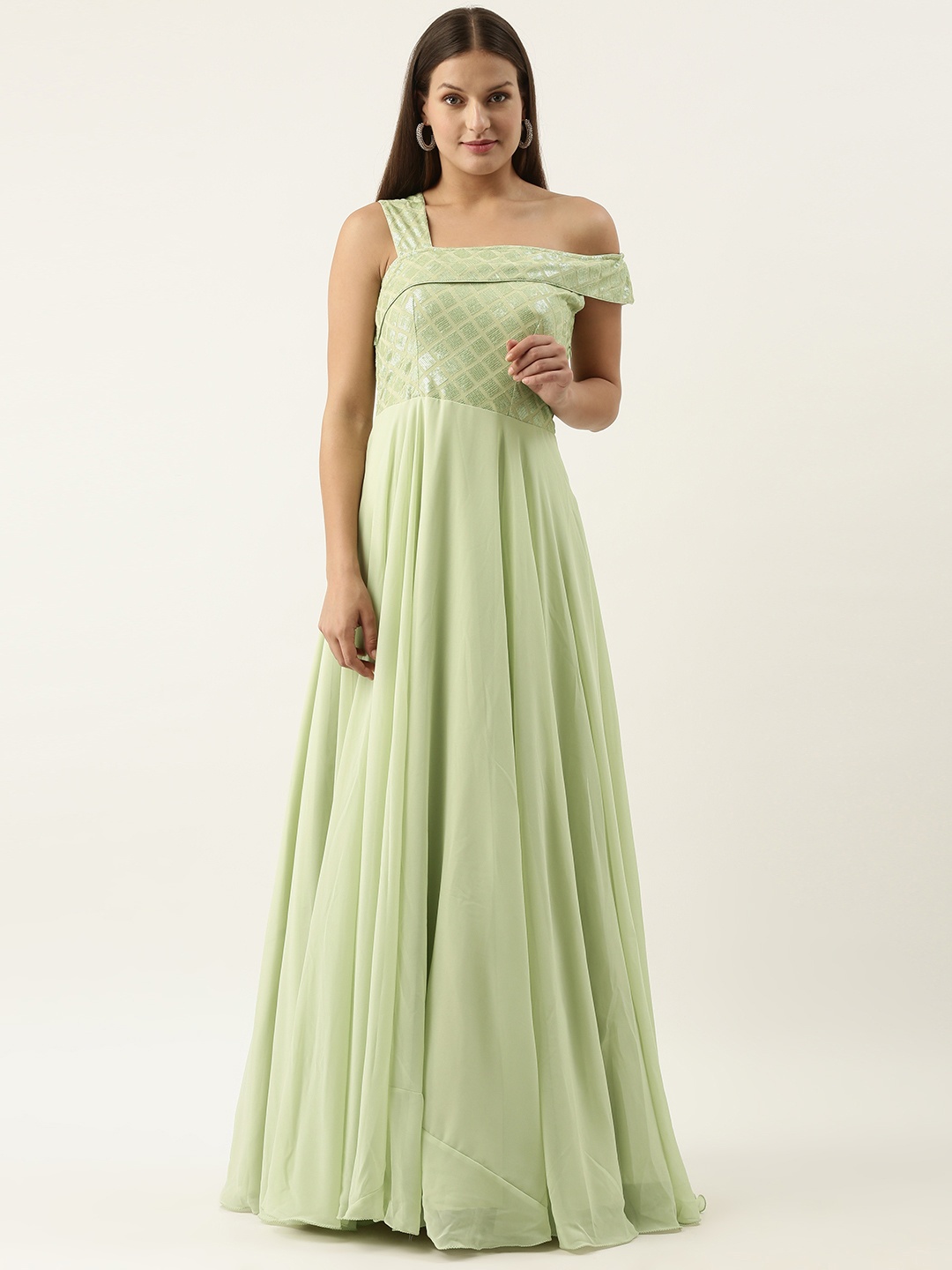 

Ethnovog Green Embellished One Shoulder Georgette Gown