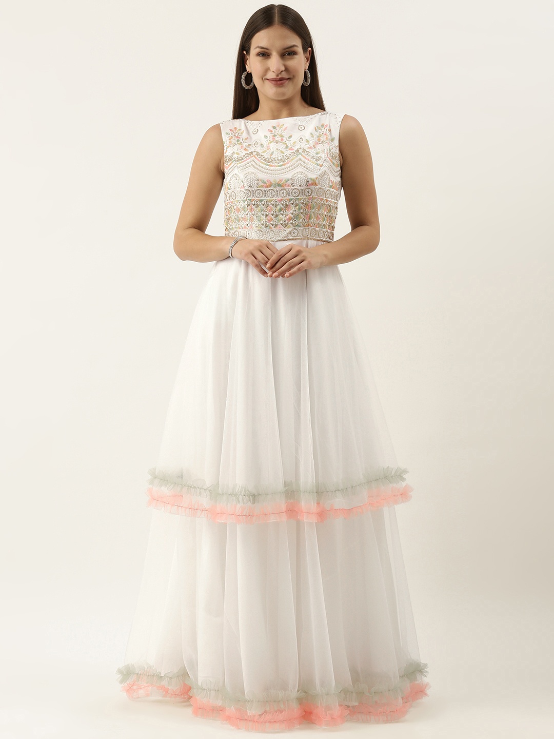 

Ethnovog White Green Ethnic Motifs Embroidered Net Gown