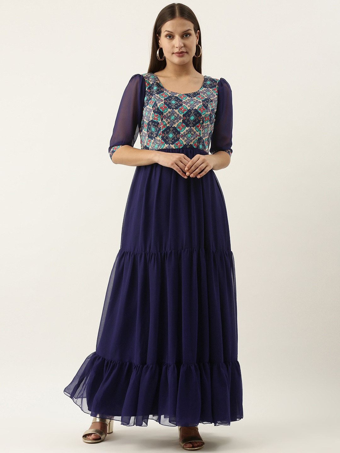 

Ethnovog Navy Blue Ethnic Design Georgette Maxi Dress