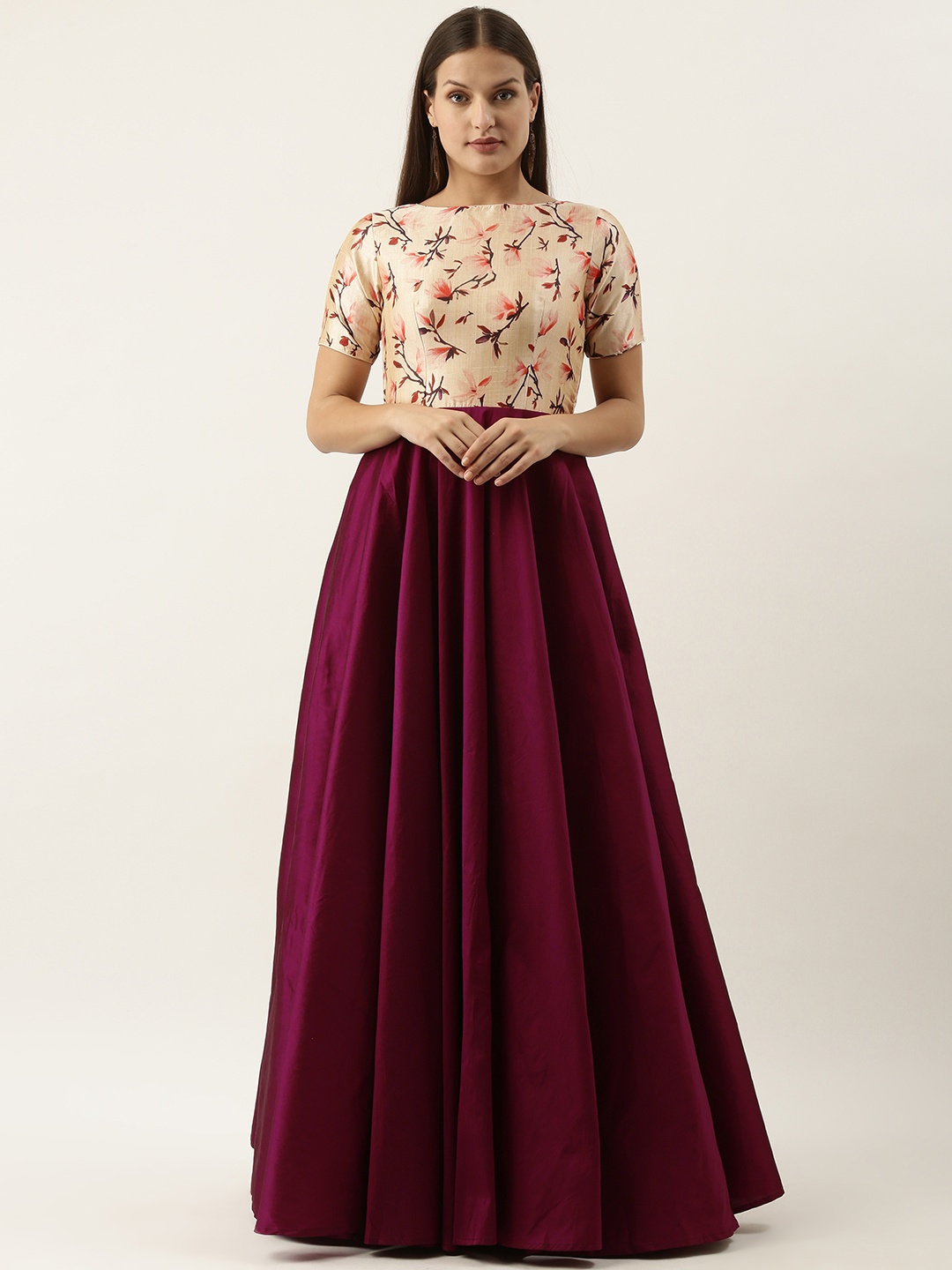

Ethnovog Beige Burgundy Floral Printed Gown