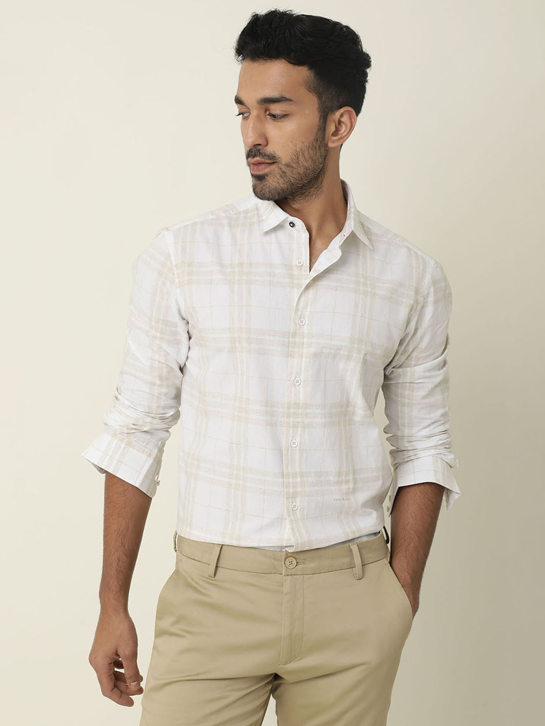 

RARE RABBIT Men Lana Slim Fit Tartan Checked Cotton Linen Shirt, White
