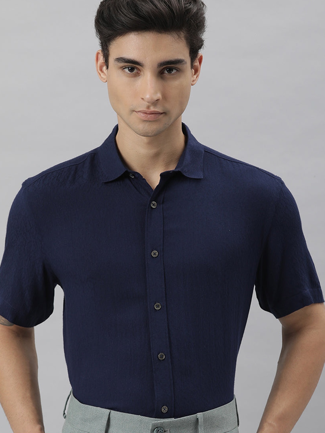 

RARE RABBIT Men Navy Blue Custom Slim Fit Textured Casual Shirt