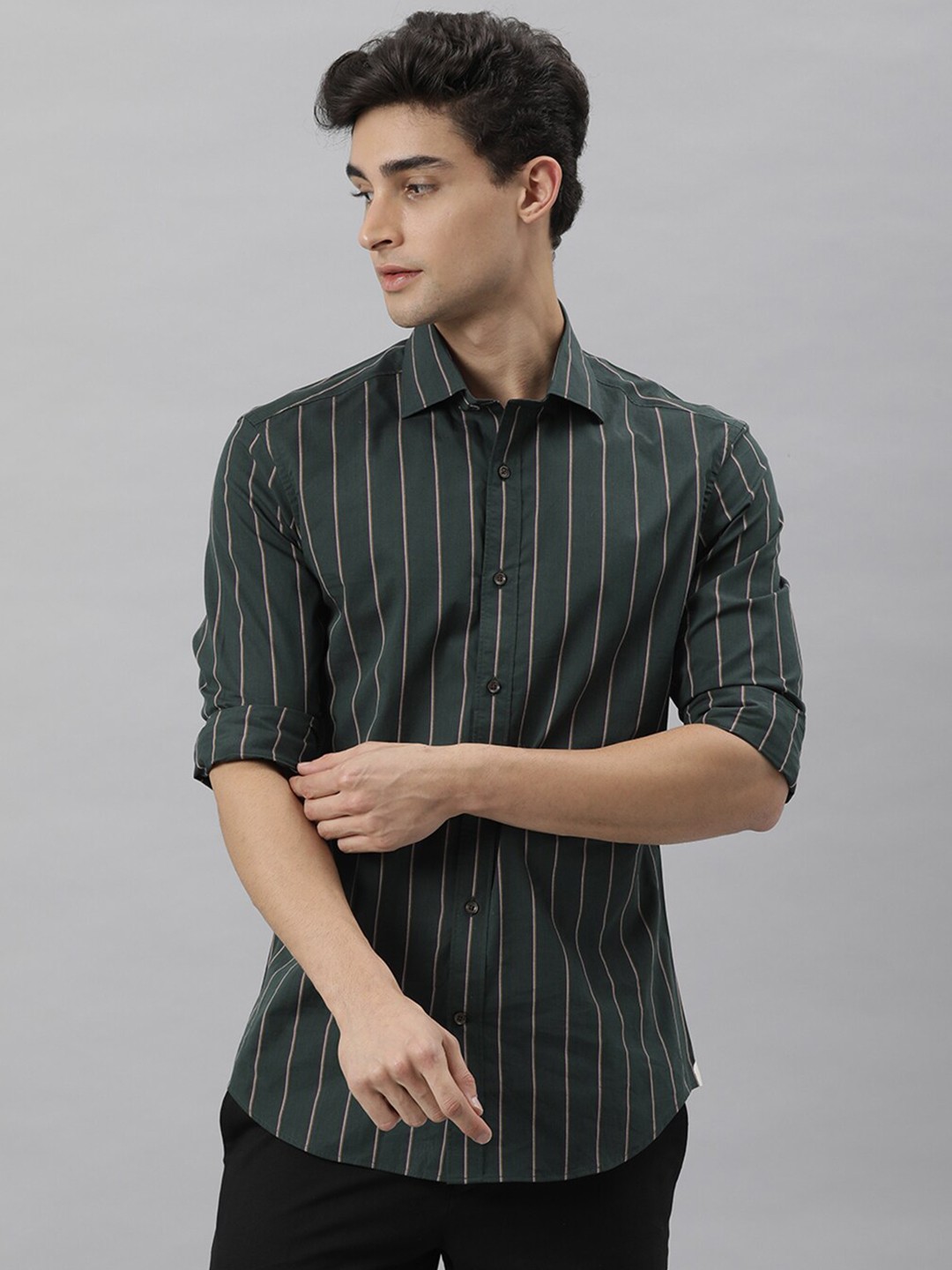 RARE RABBIT Men Ele Slim Fit Striped Cotton Shirt, Green