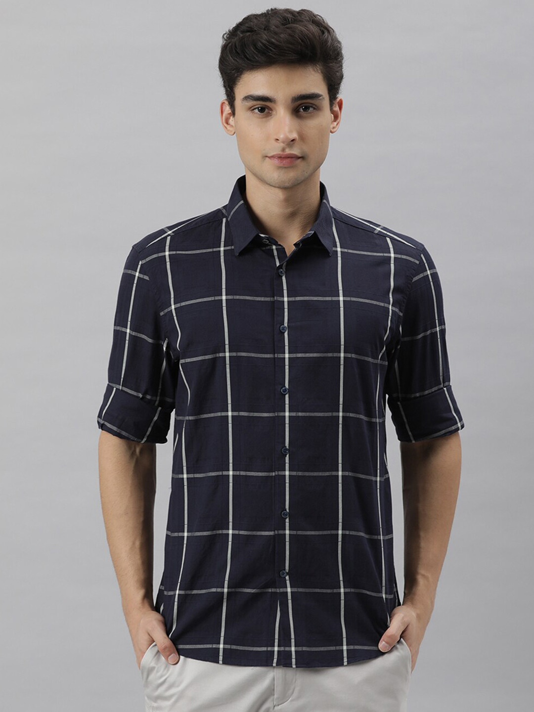 

RARE RABBIT Men Roper Slim Fit Windowpane Checked Cotton Shirt, Navy blue