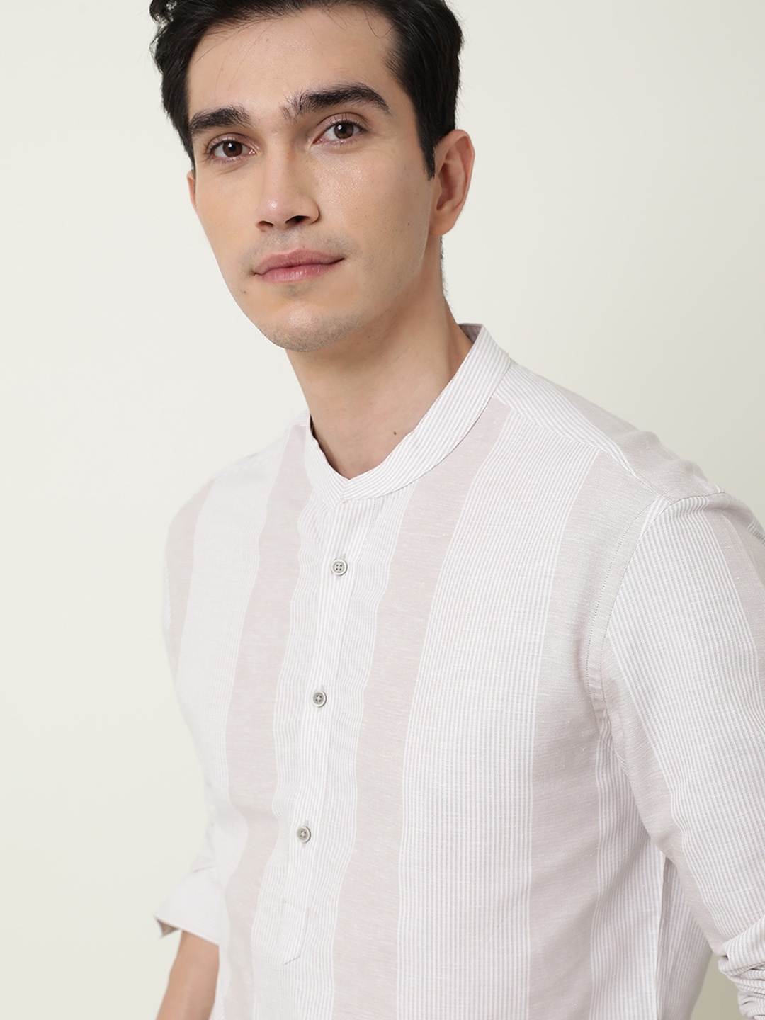 

RARE RABBIT Men Reset Slim Fit Striped Cotton Linen Shirt, Beige