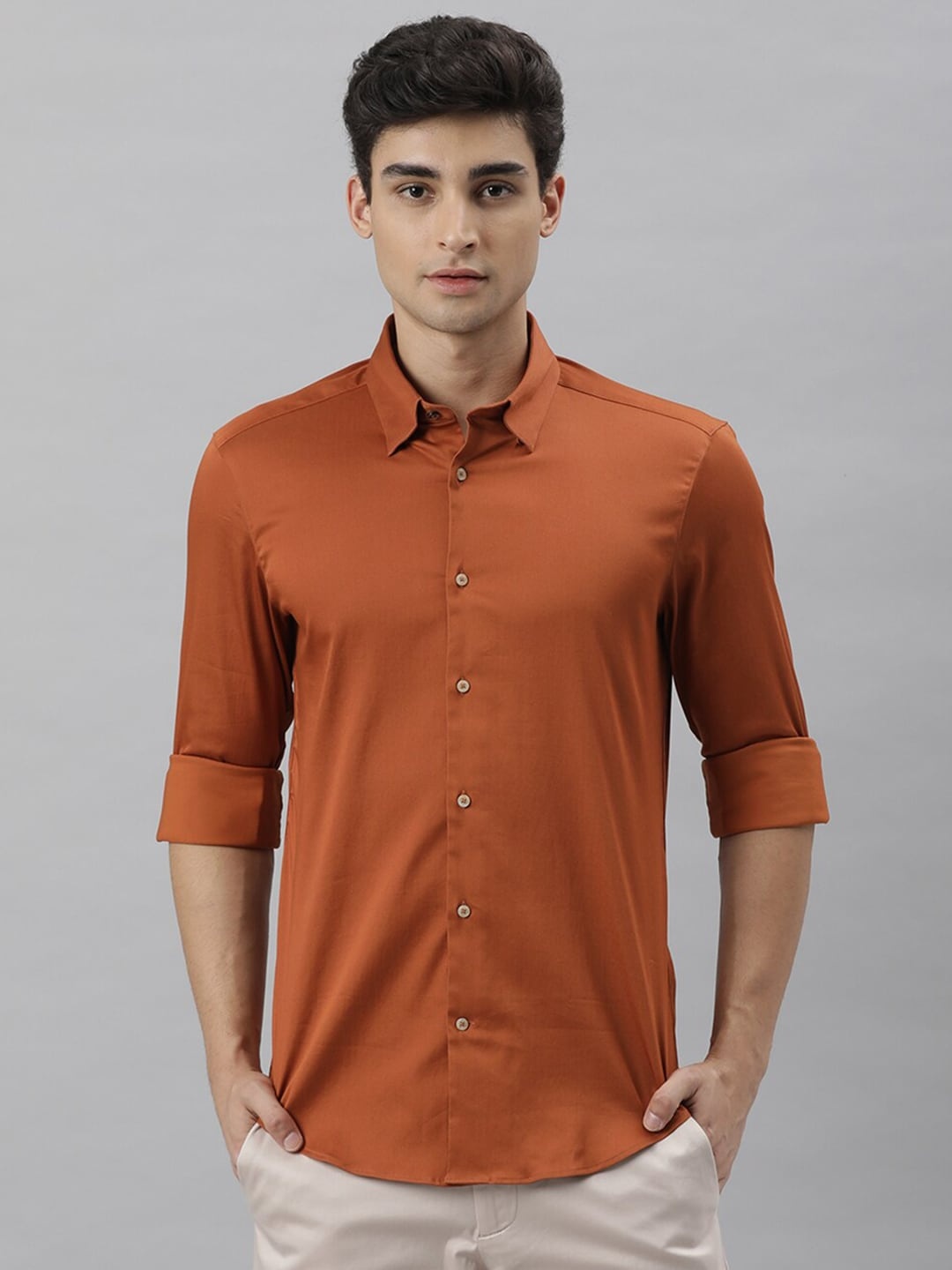

RARE RABBIT Men Satin Slim Fit Cotton Shirt, Rust