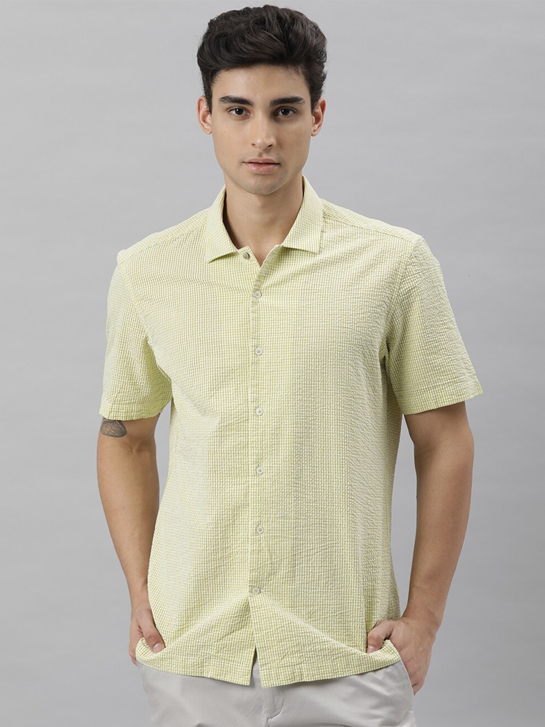 

RARE RABBIT Men Jingle Textu Slim Fit Cotton Shirt, Yellow