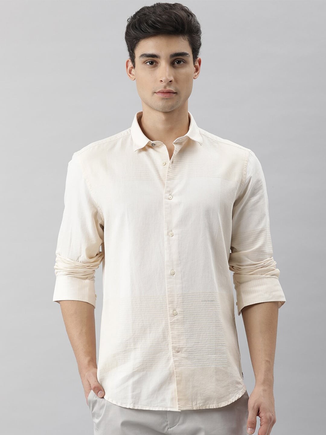 

RARE RABBIT Men Elanor Slim Fit Striped Cotton Shirt, Beige