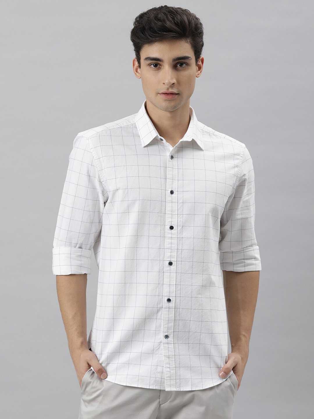 

RARE RABBIT Men Seek Slim Fit Grid Tattersall Checked Cotton Shirt, White