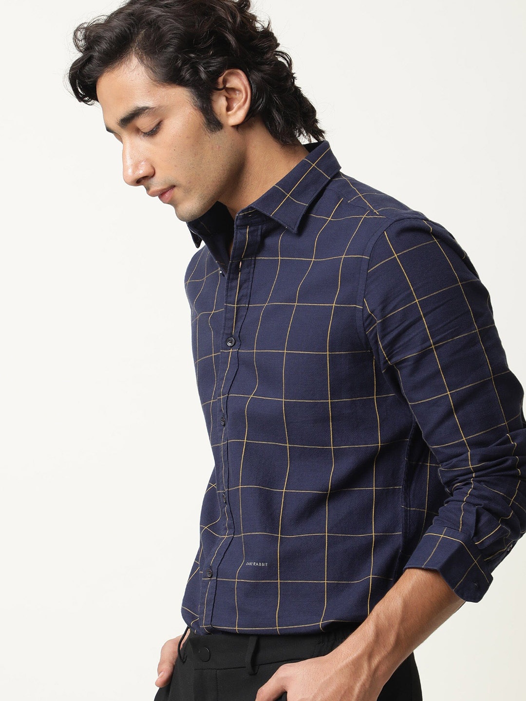 

RARE RABBIT Men Navy Blue Custom Slim Fit Checked Cotton Casual Shirt