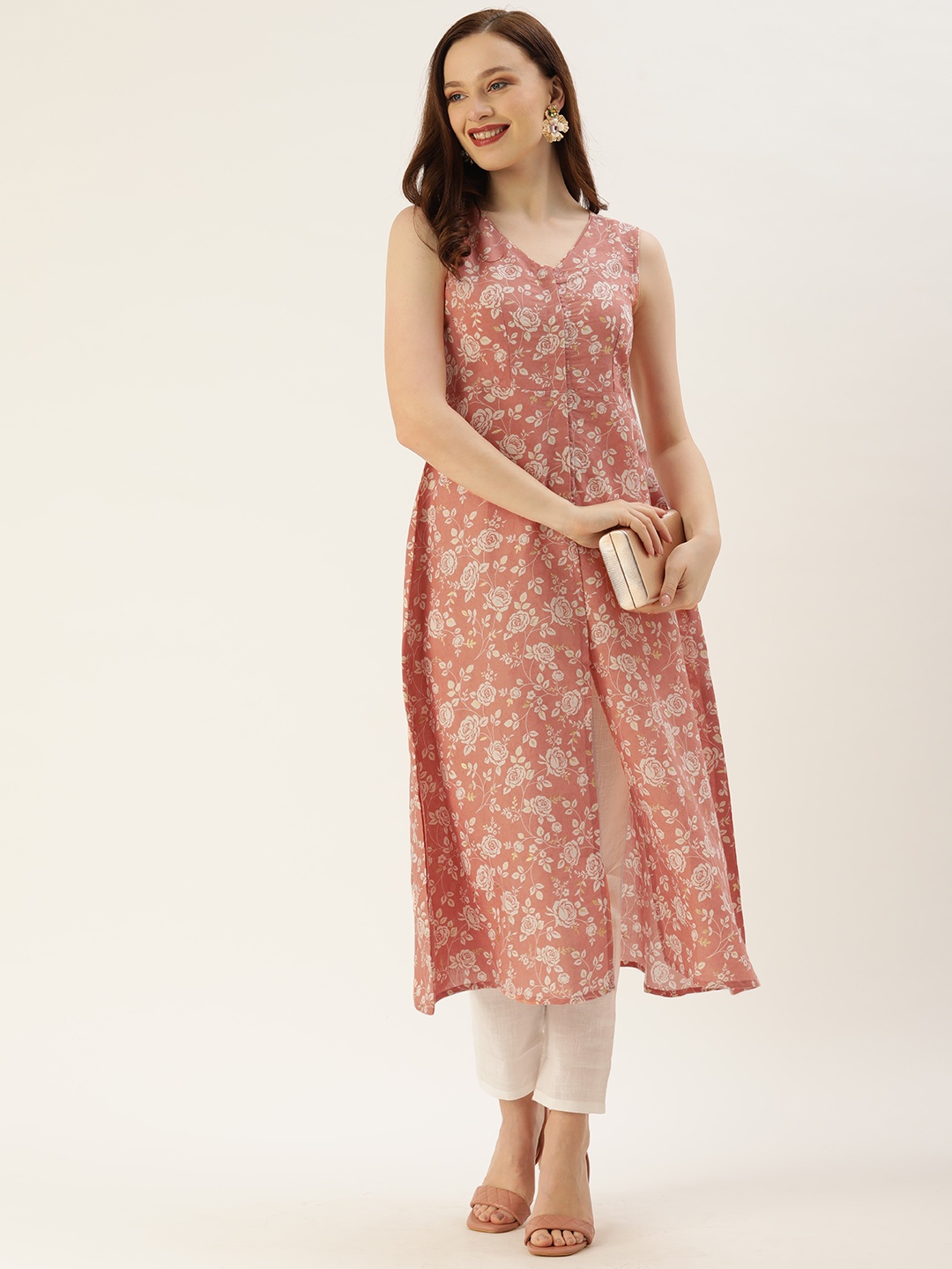 

Ethnovog Women Peach-Coloured Off-White Ethnic Motifs Made To Measure Straight Kurta