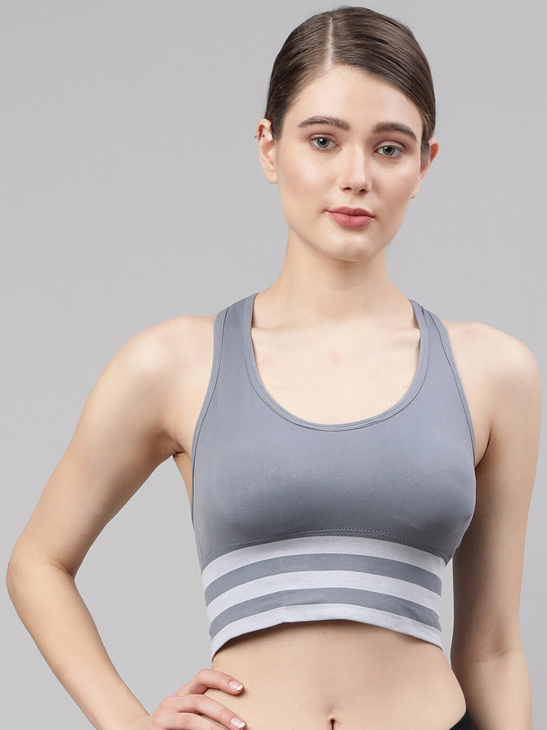 

PrettyCat Grey Striped High Performance Lightly Padded Workout Bra